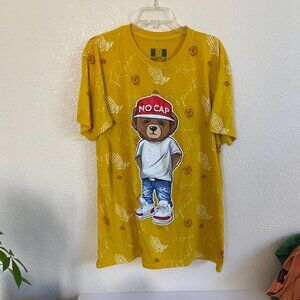 Vintage Hustle Skeleton Bear T-Shirt 2XL XXL Yellow Hip-Hop Streetwear All-Over